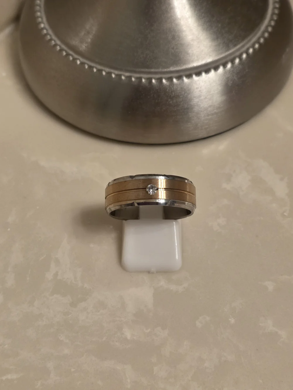 Two-Tone Stainless Steel and Copper-Tone Men’s Band with Center Stone